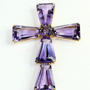 Mid Century 14K Gold Amethyst Cross Pendant Brooch 2.75" JR1381